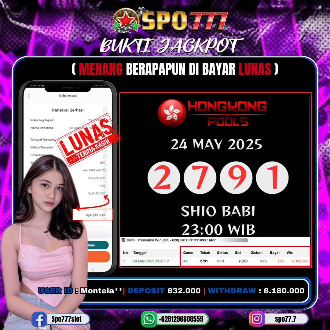 SPO777 JACKPOT HONGKONG 4D Rp.6,180,000.,- LUNAS
