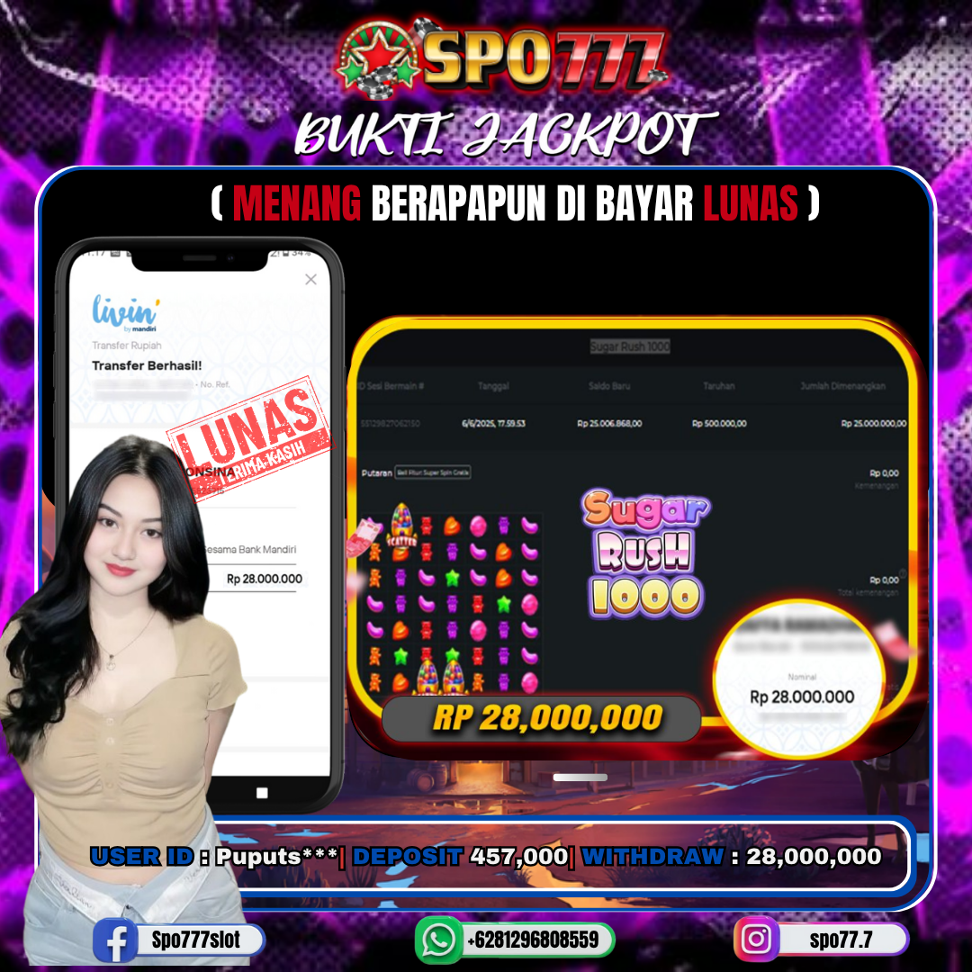 SPO777 JACKPOT SUGAR RUSH 1000 Rp.,28,000,000.,- LUNAS