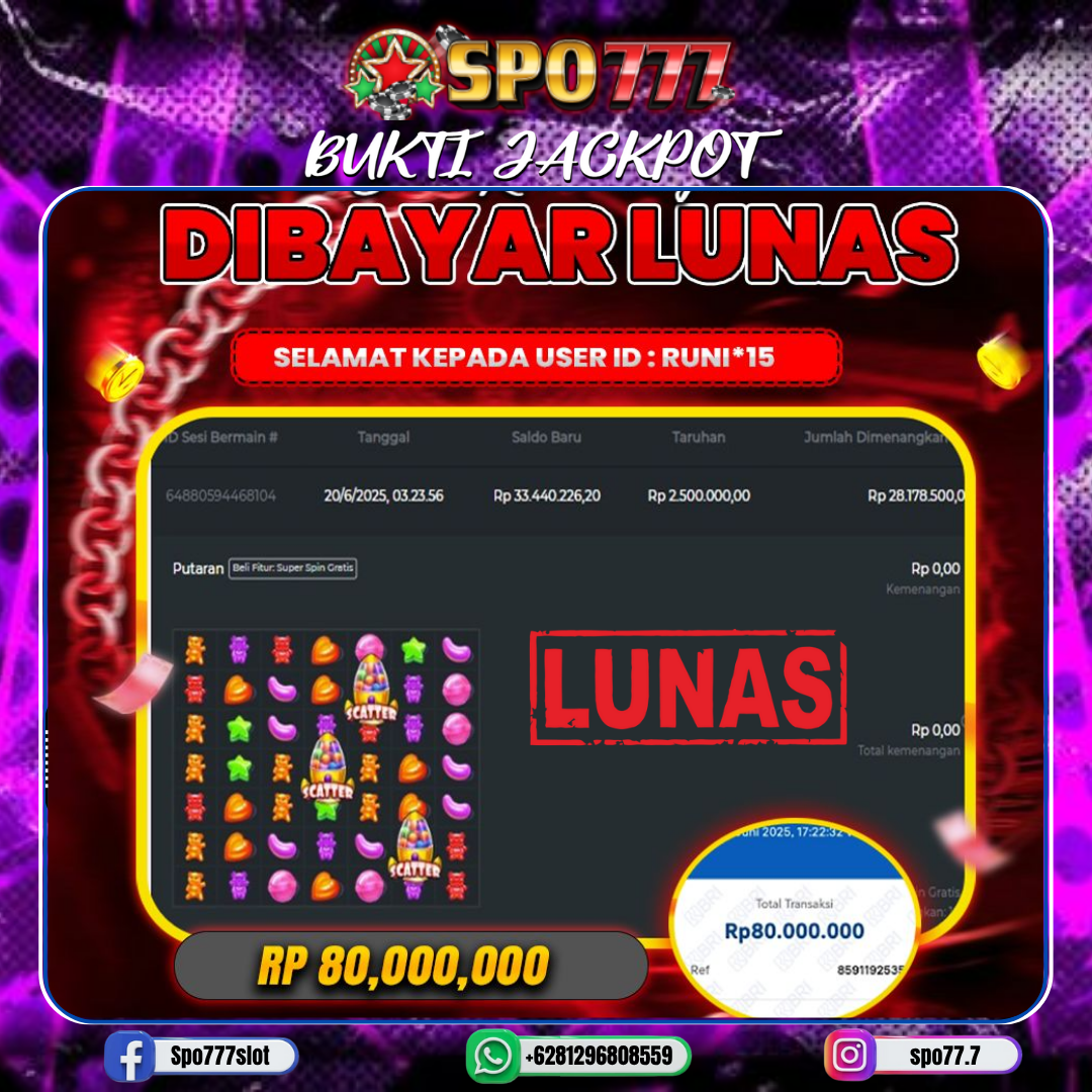 SPO777 JACKPOT SUGAR RUSH 1000 Rp.,80,000,000.,- LUNAS
